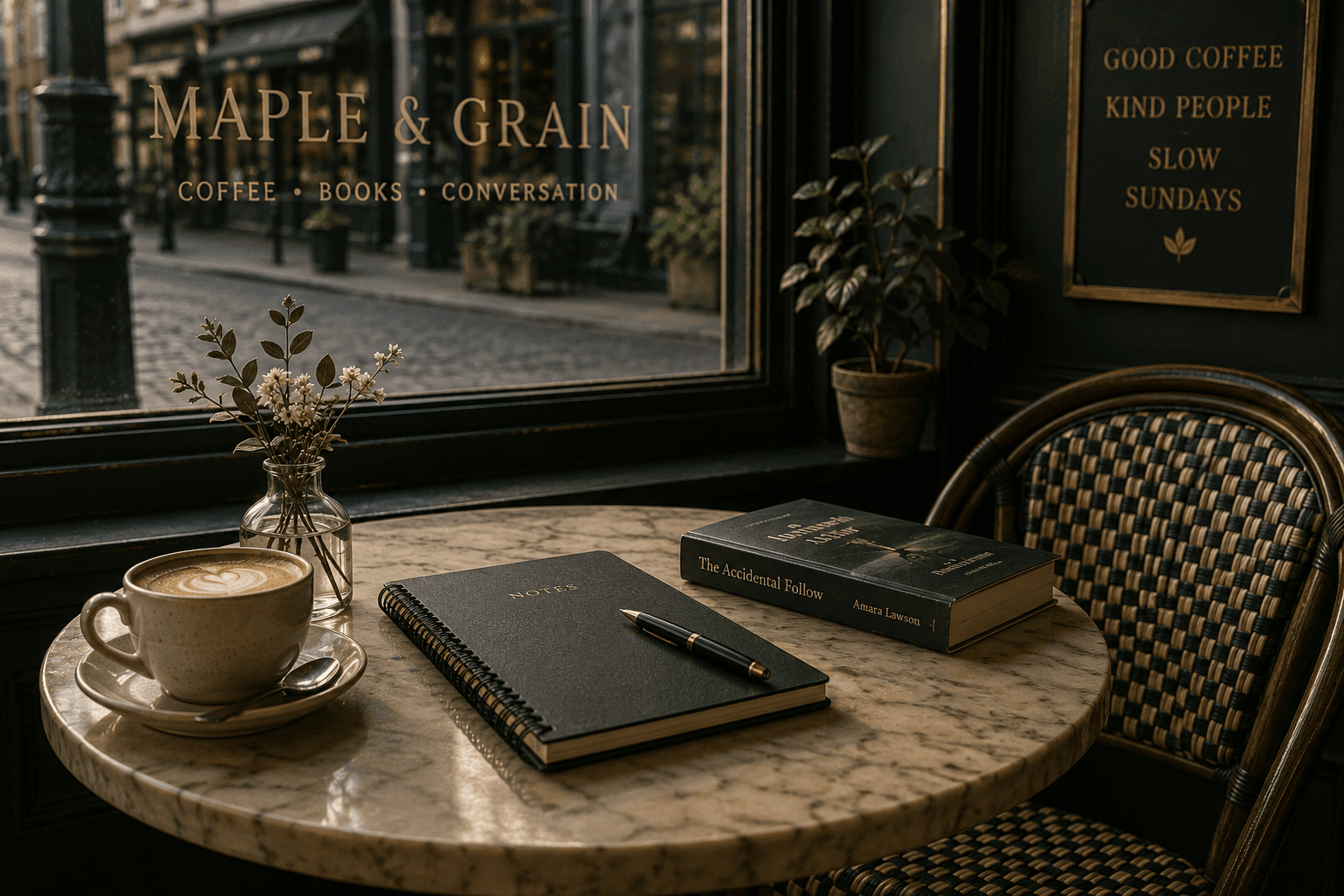 Books, coffee and a notebook arranged on a café table.