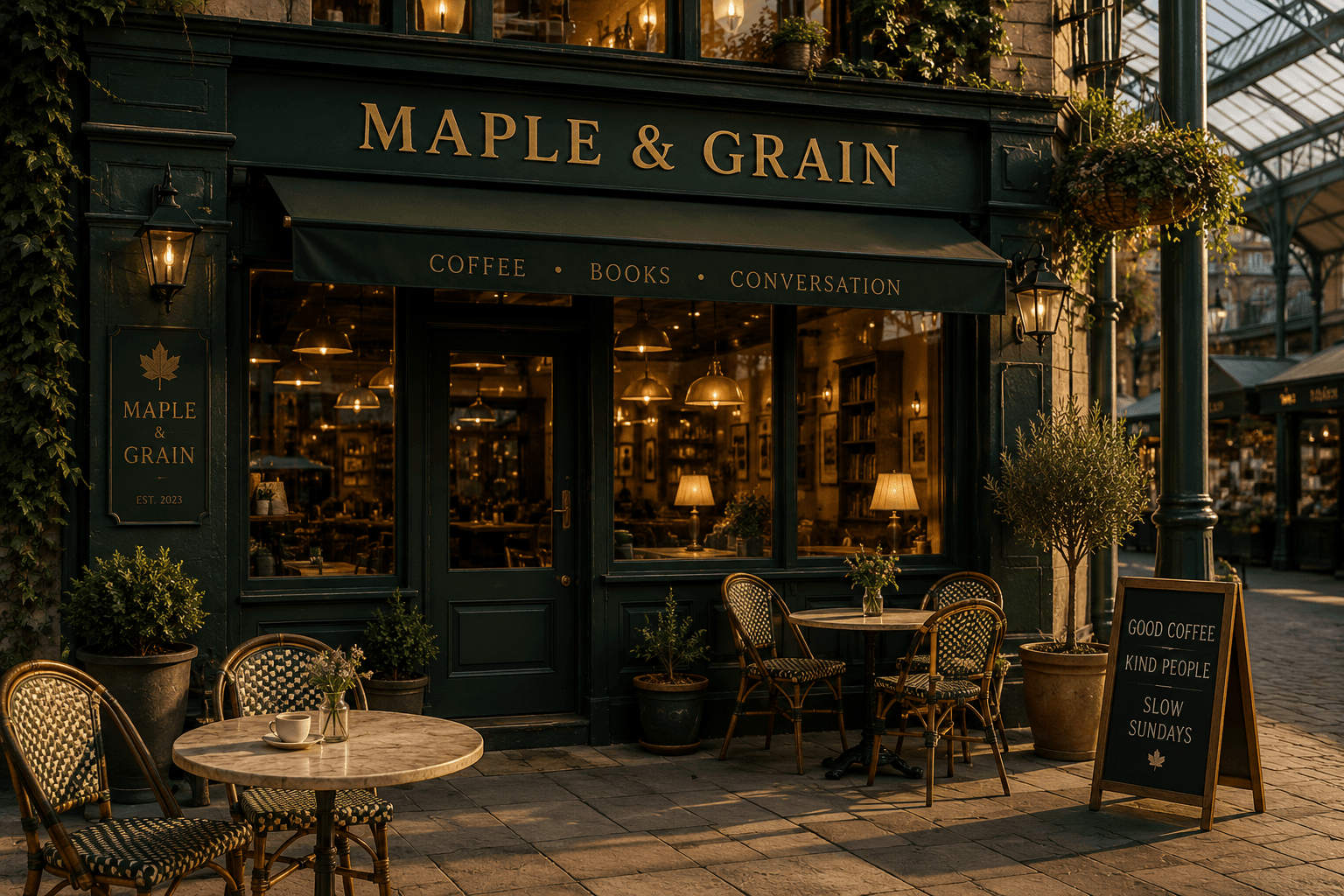 Illustration of the fictional Maple & Grain café