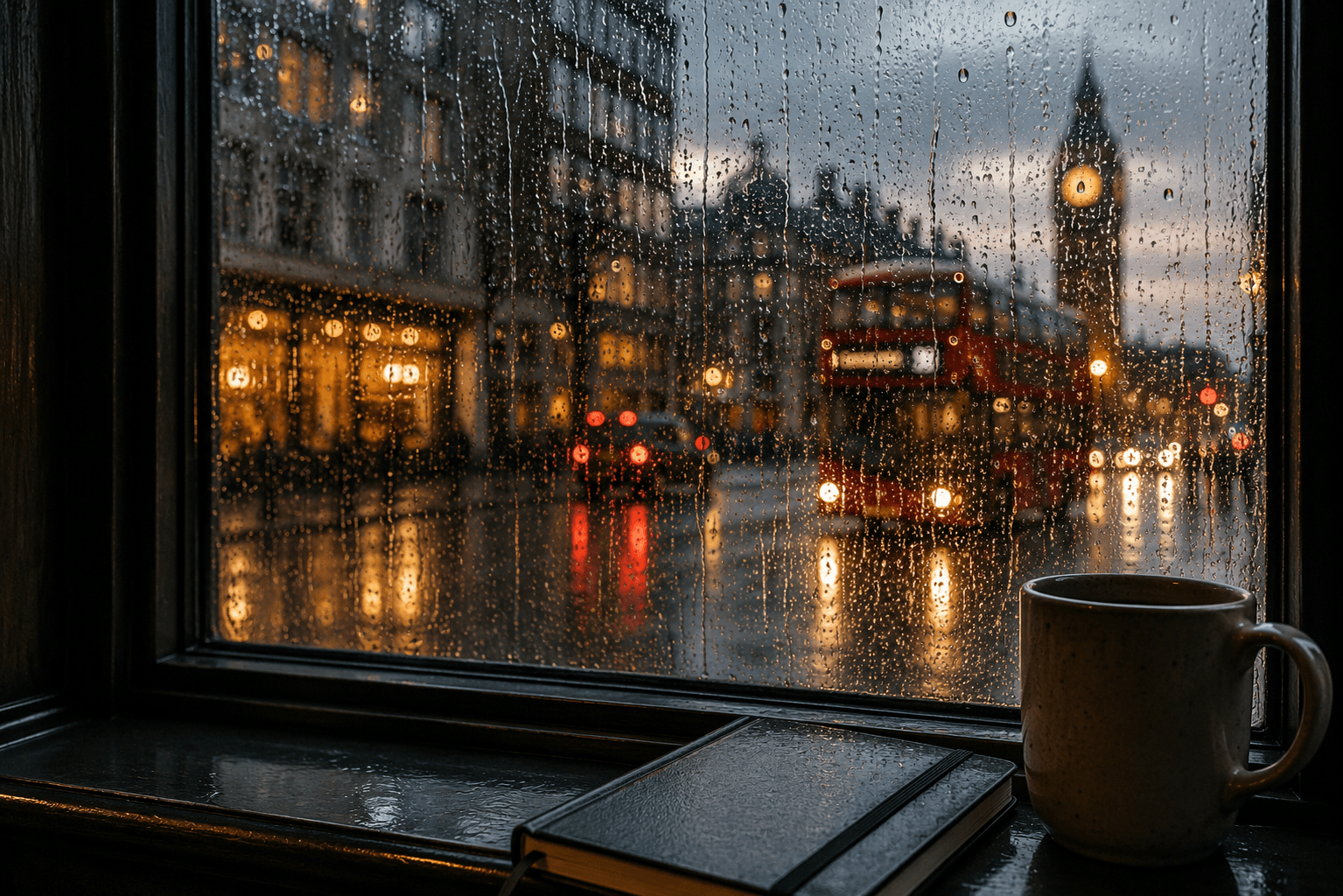 Rain on a window overlooking a London street at dusk.