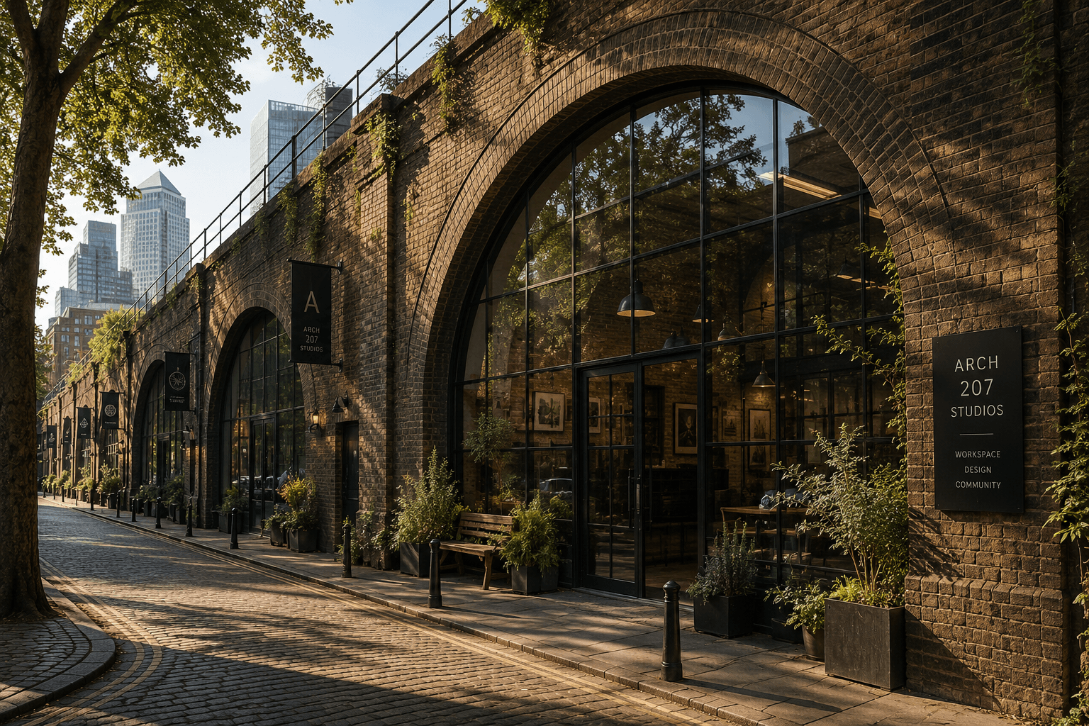 Renovated railway arches along an urban pedestrian lane.